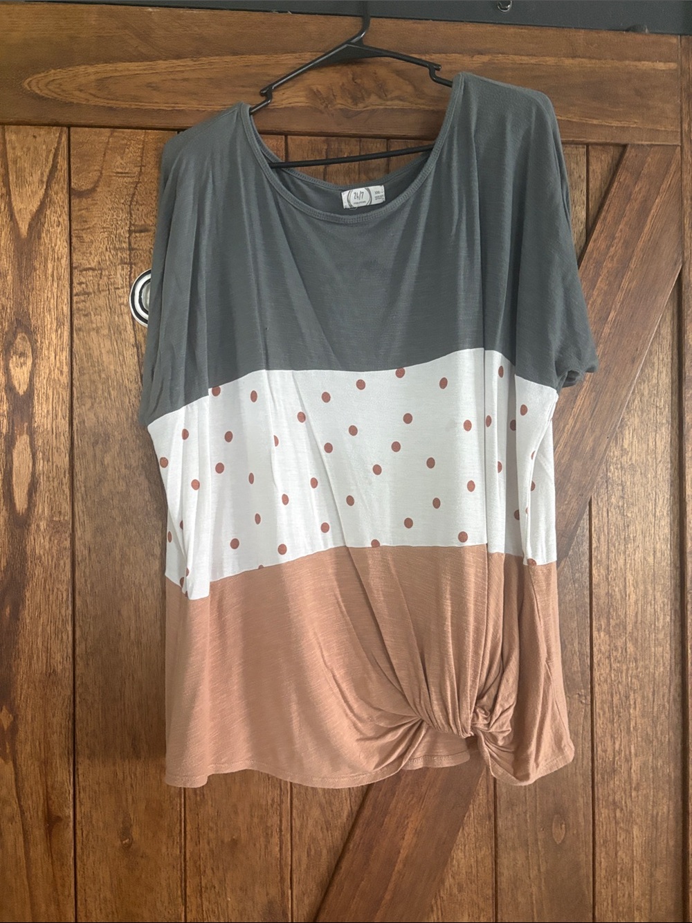 Maurices Colorblock Twist-Hem Short Sleeve Top - Gray, White & Tan
